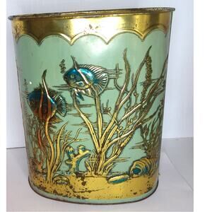 Vintage Mid-Century Weibro Metal Fish Waste Basket Nautical Ocean Gold Embossed